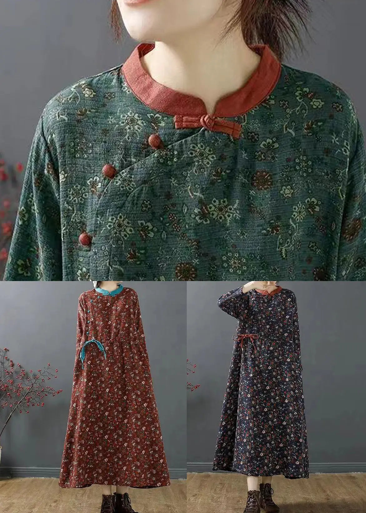 Vintage Green Stand Collar Print Patchwork Cotton Dress Fall Ada Fashion