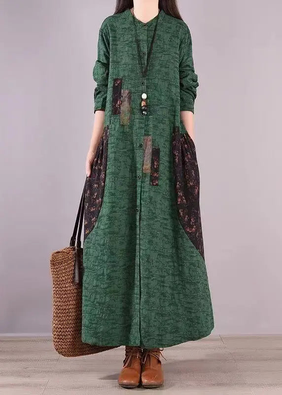 Vintage Green Stand Collar Print Patchwork Cotton Shirts Dresses Fall Ada Fashion