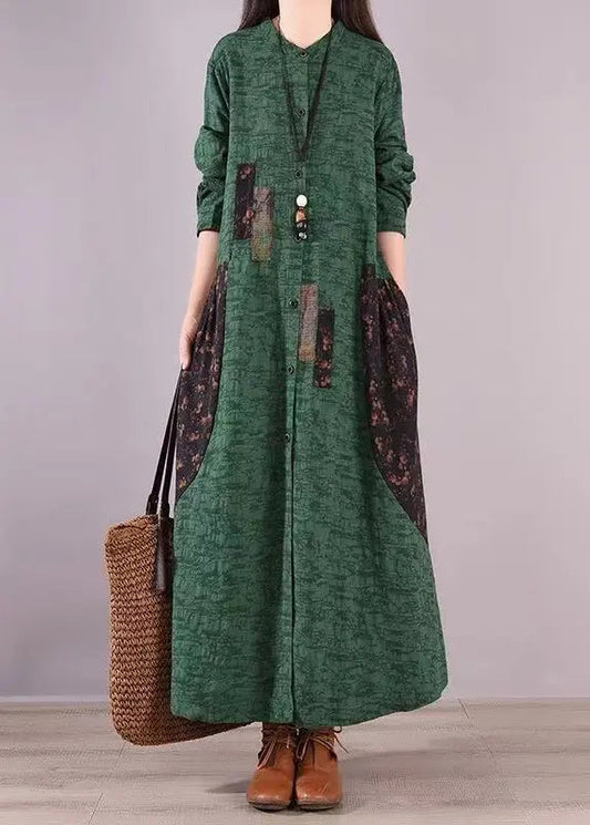 Vintage Green Stand Collar Print Patchwork Cotton Shirts Dresses Fall Ada Fashion