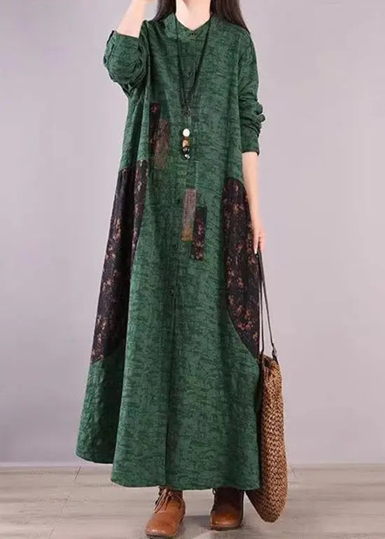 Vintage Green Stand Collar Print Patchwork Cotton Shirts Dresses Fall Ada Fashion