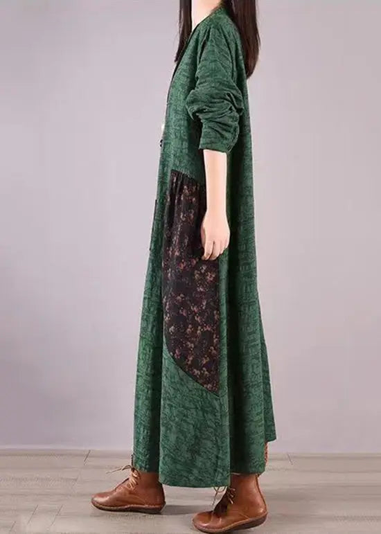 Vintage Green Stand Collar Print Patchwork Cotton Shirts Dresses Fall Ada Fashion