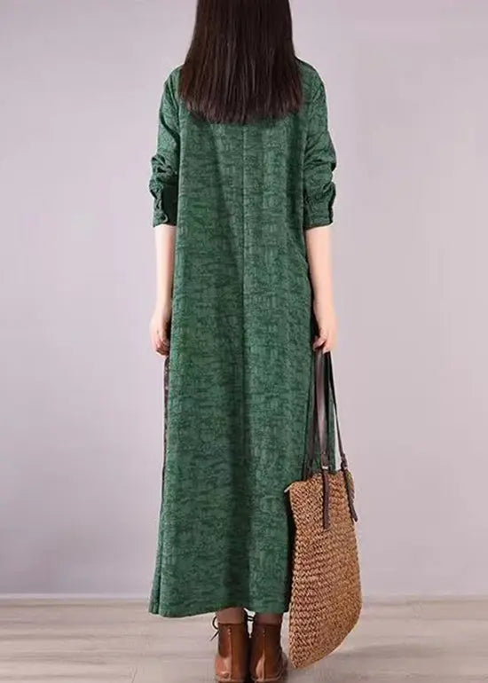 Vintage Green Stand Collar Print Patchwork Cotton Shirts Dresses Fall Ada Fashion