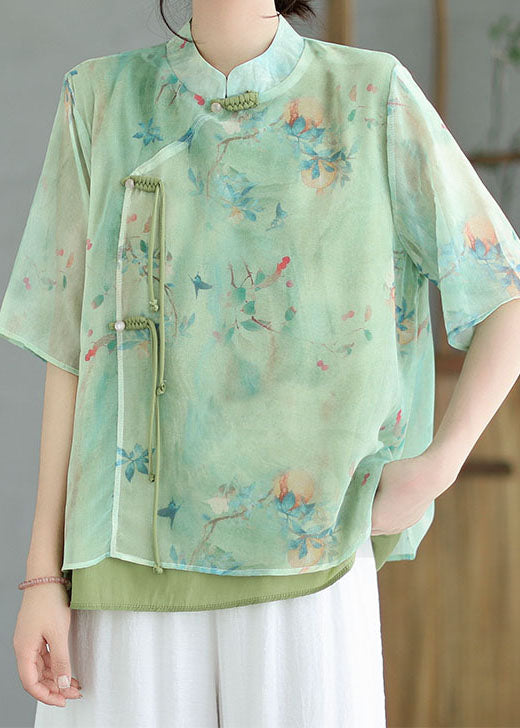 Vintage Green Stand Collar Tasseled Patchwork Cotton Shirt Tops Summer LY4016 - fabuloryshop