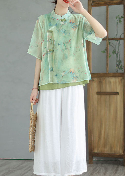 Vintage Green Stand Collar Tasseled Patchwork Cotton Shirt Tops Summer LY4016 - fabuloryshop