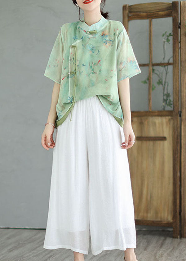 Vintage Green Stand Collar Tasseled Patchwork Cotton Shirt Tops Summer LY4016 - fabuloryshop