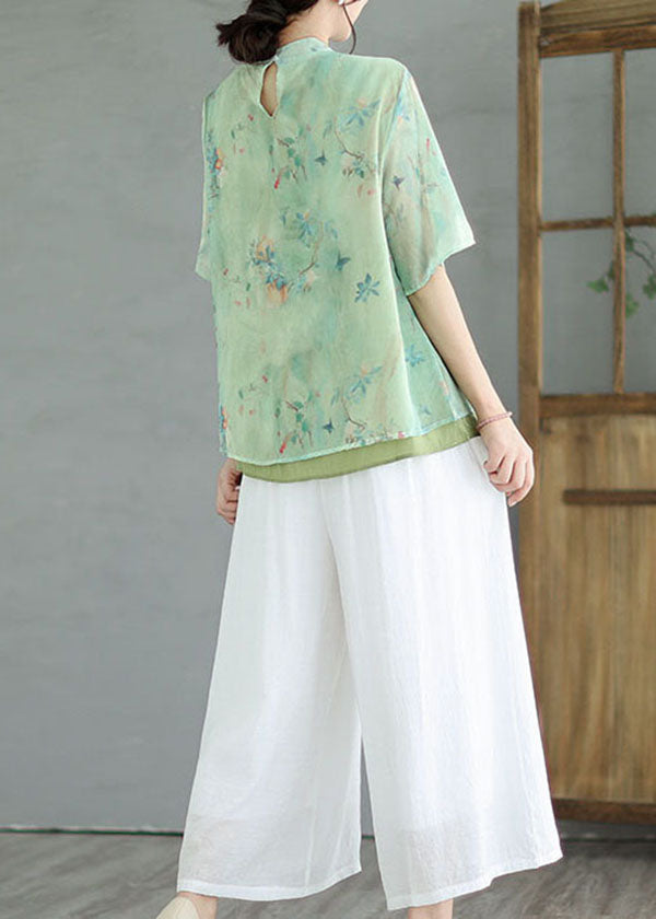 Vintage Green Stand Collar Tasseled Patchwork Cotton Shirt Tops Summer LY4016 - fabuloryshop