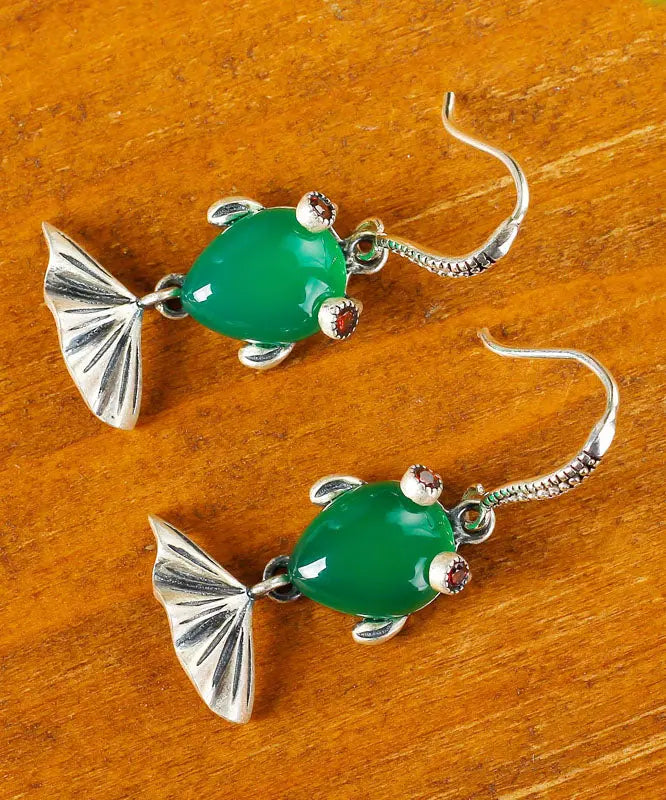 Vintage Green Sterling Silver Inlaid Gem Stone Chalcedony Goldfish Drop Earrings Ada Fashion