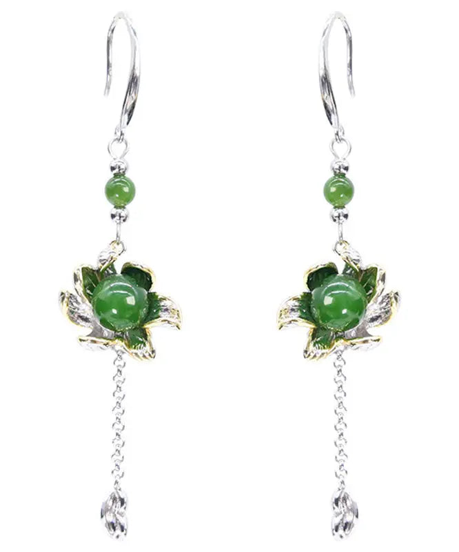 Vintage Green Sterling Silver Jade Floral Drop Earrings Ada Fashion