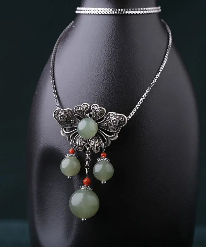 Vintage Green Sterling Silver Jade Floral Pendant Necklace Ada Fashion