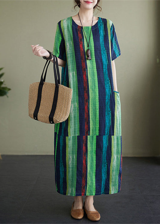 Vintage Green Striped O-Neck Holiday Long Dress Short Sleeve LY4009 - fabuloryshop