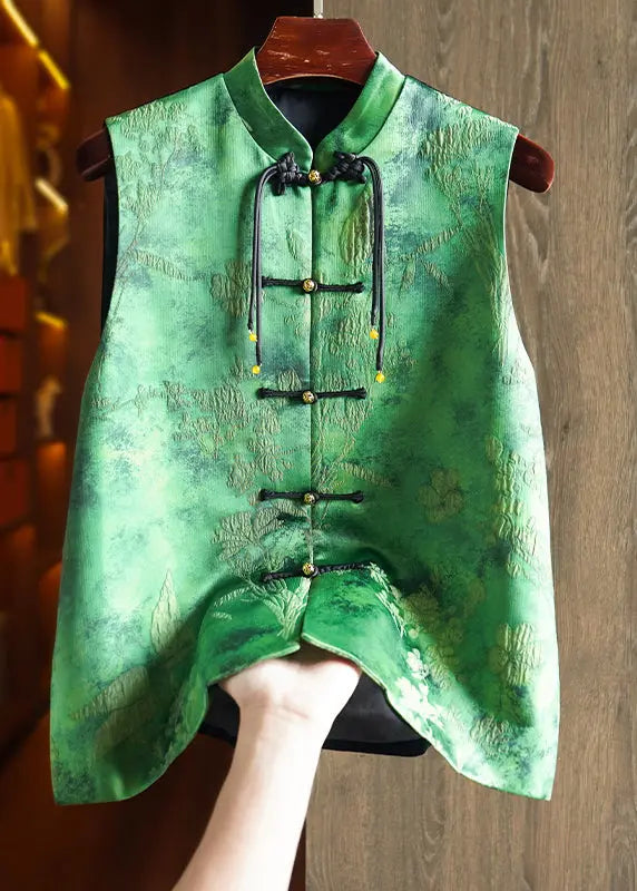 Vintage Green Tasseled Jacquard Patchwork Silk Vest Sleeveless Ada Fashion