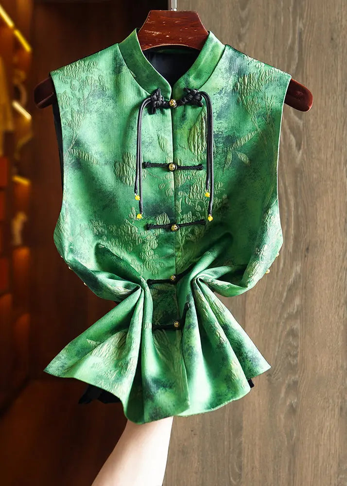 Vintage Green Tasseled Jacquard Patchwork Silk Vest Sleeveless Ada Fashion