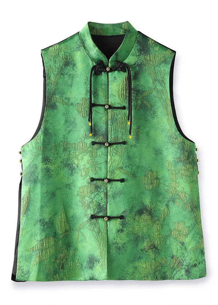 Vintage Green Tasseled Jacquard Patchwork Silk Vest Sleeveless Ada Fashion