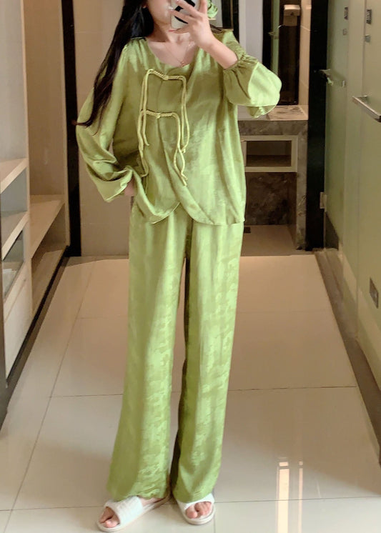 Vintage Green Tasseled Patchwork Ice Silk Two Pieces Set Pajamas Spring LY2753 - fabuloryshop