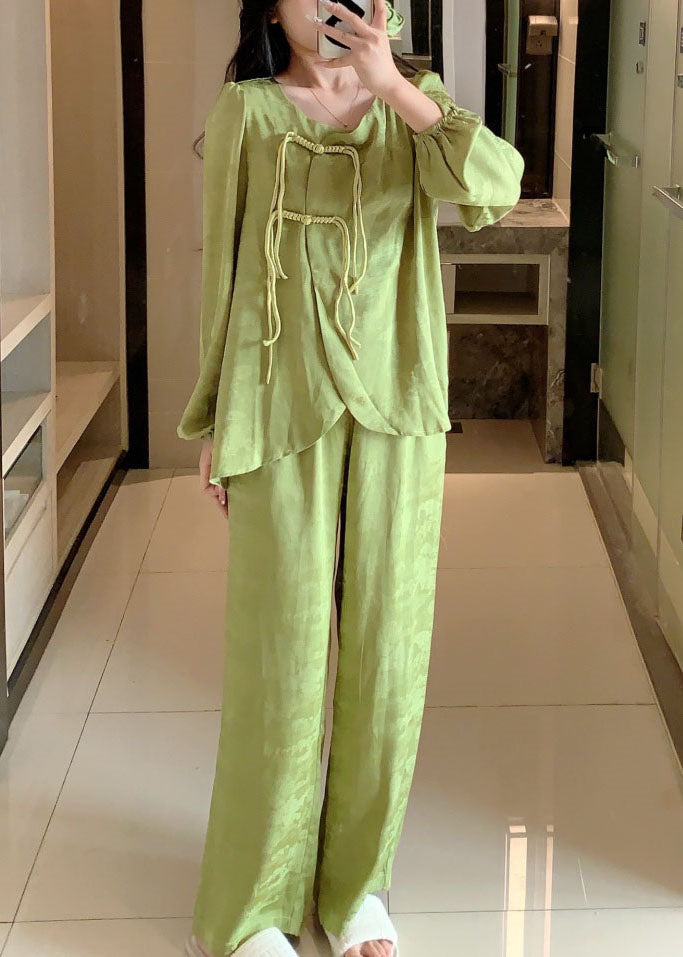Vintage Green Tasseled Patchwork Ice Silk Two Pieces Set Pajamas Spring LY2753