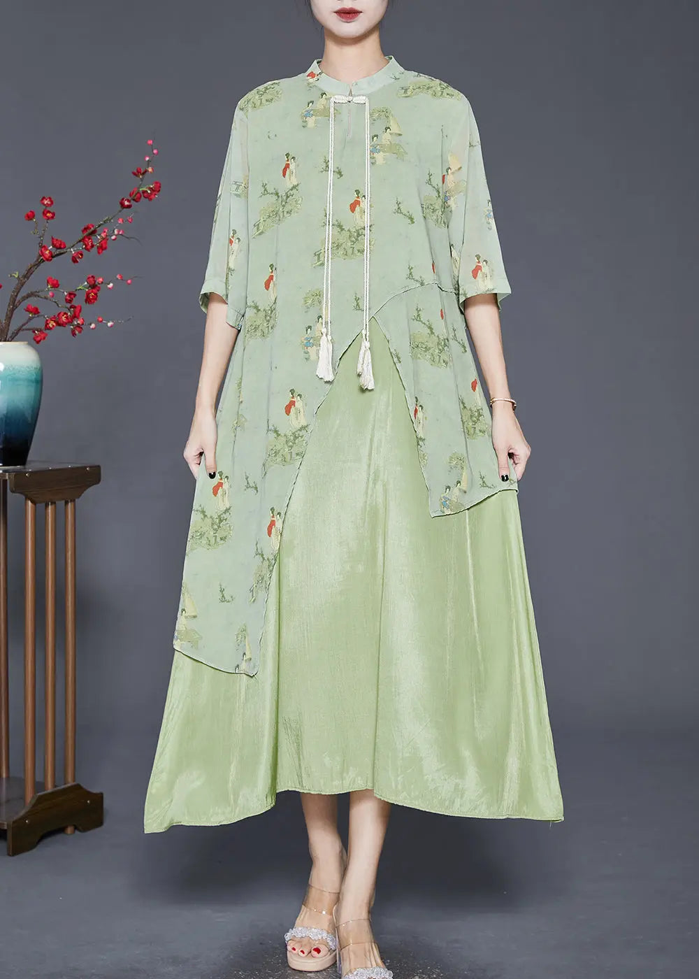 Vintage Green Tasseled Print Silk Long Dresses Summer Ada Fashion