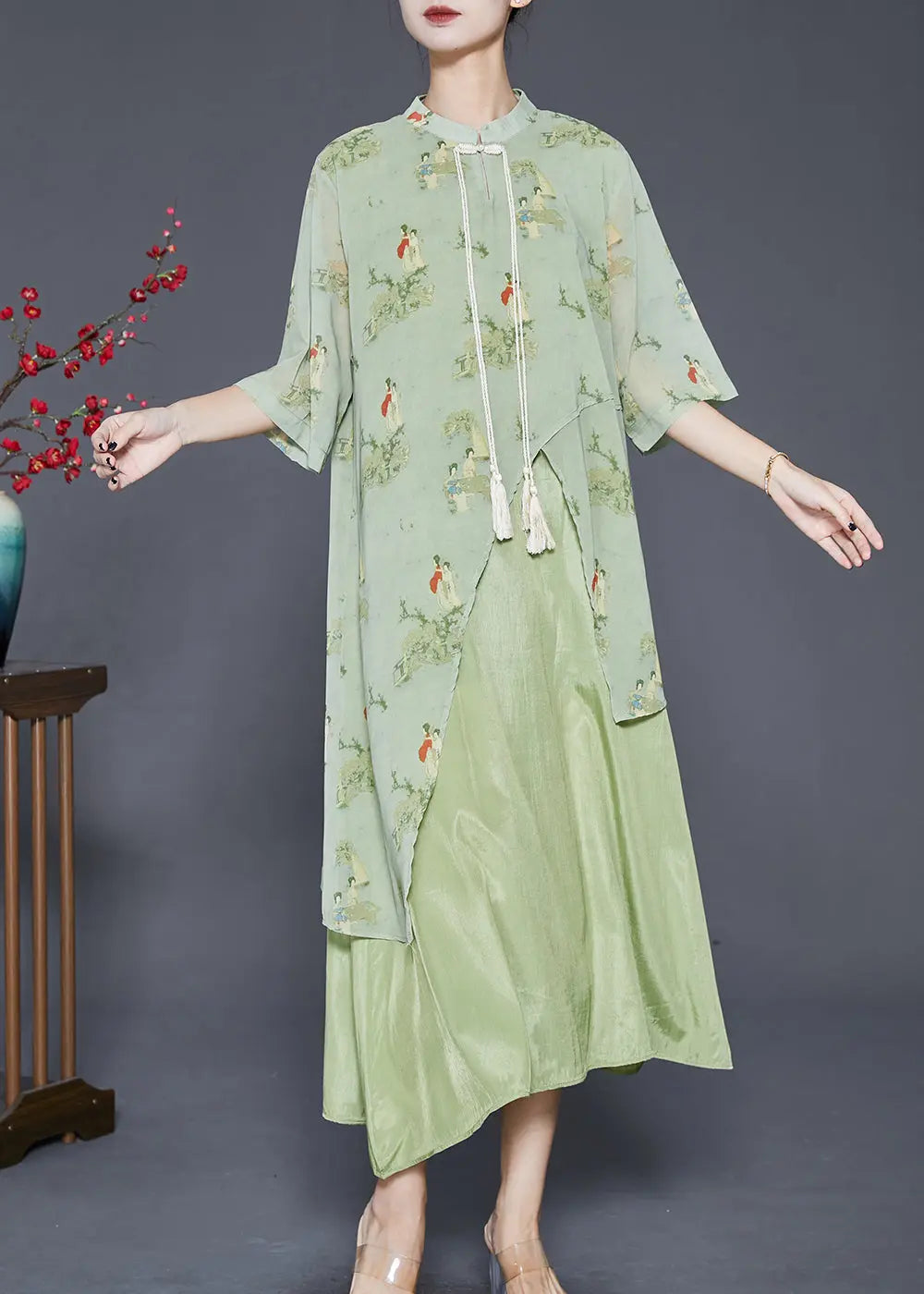 Vintage Green Tasseled Print Silk Long Dresses Summer Ada Fashion