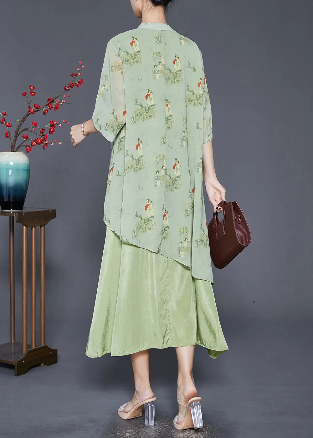 Vintage Green Tasseled Print Silk Long Dresses Summer Ada Fashion