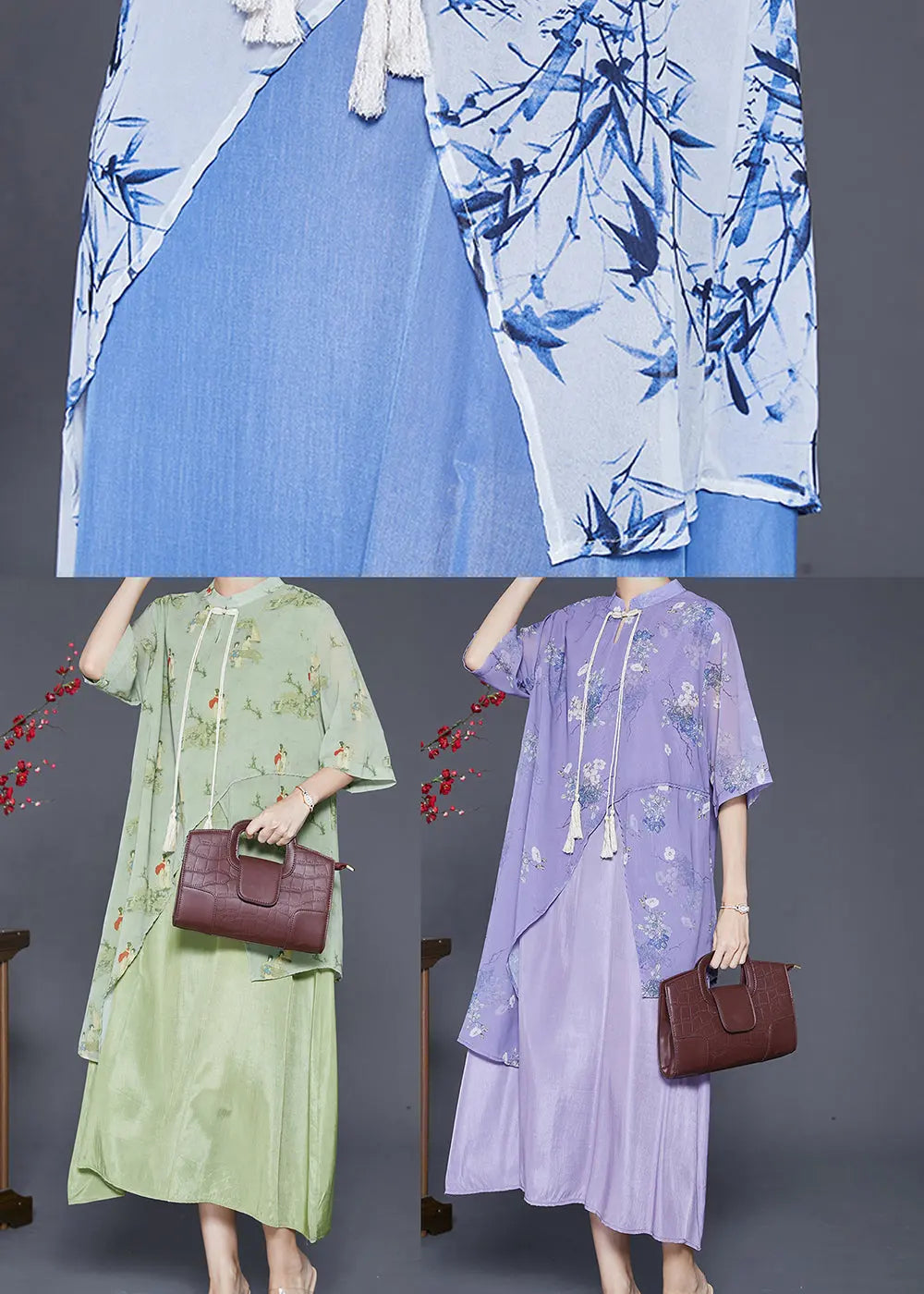 Vintage Green Tasseled Print Silk Long Dresses Summer Ada Fashion