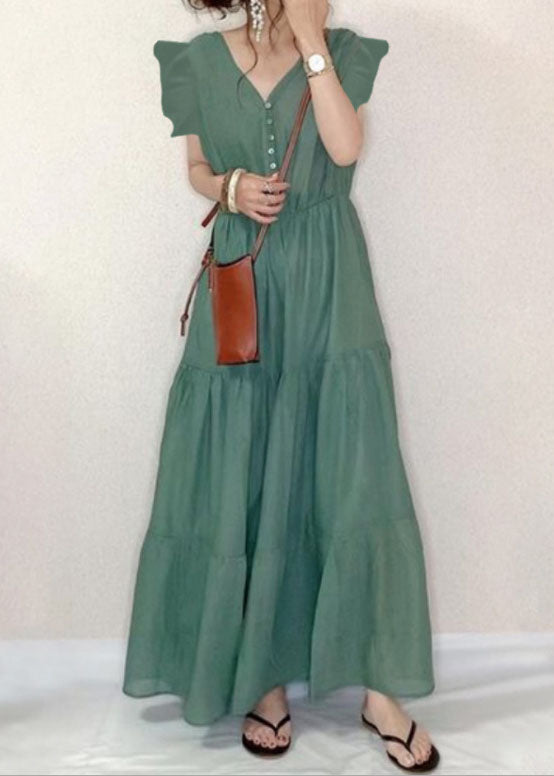 Vintage Green V Neck Patchwork Wrinkled Cotton Dresses Summer LY2139 - fabuloryshop