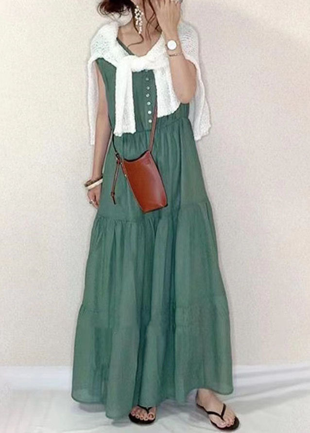 Vintage Green V Neck Patchwork Wrinkled Cotton Dresses Summer LY2139 - fabuloryshop