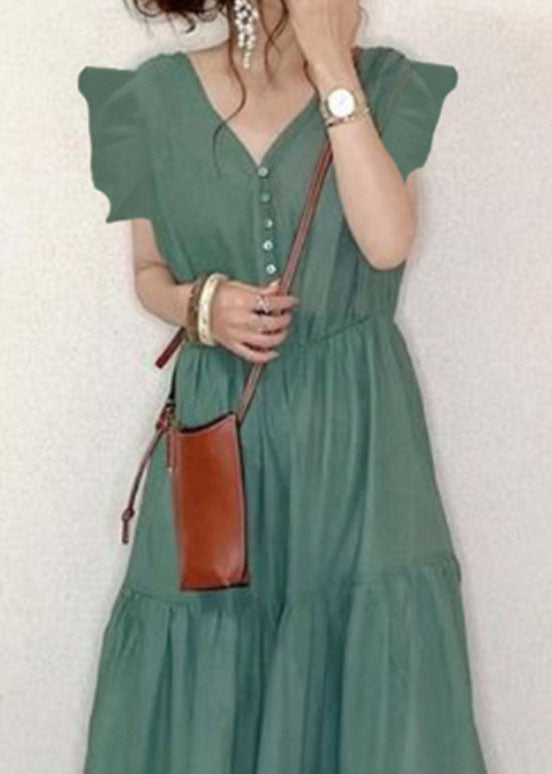 Vintage Green V Neck Patchwork Wrinkled Cotton Dresses Summer LY2139 - fabuloryshop