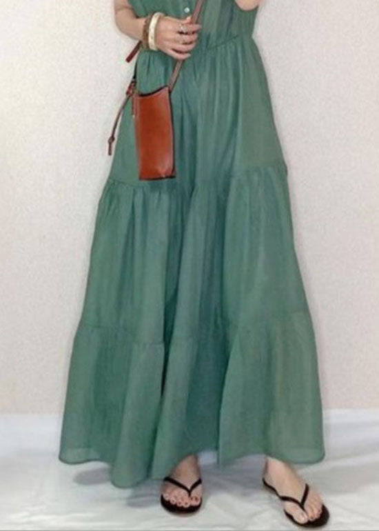 Vintage Green V Neck Patchwork Wrinkled Cotton Dresses Summer LY2139 - fabuloryshop