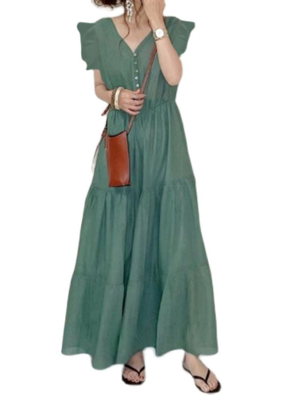Vintage Green V Neck Patchwork Wrinkled Cotton Dresses Summer LY2139 - fabuloryshop