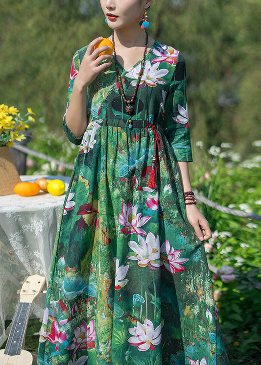 Vintage Green V Neck Print Elastic Waist Maxi Dresses Spring LY1739 - fabuloryshop