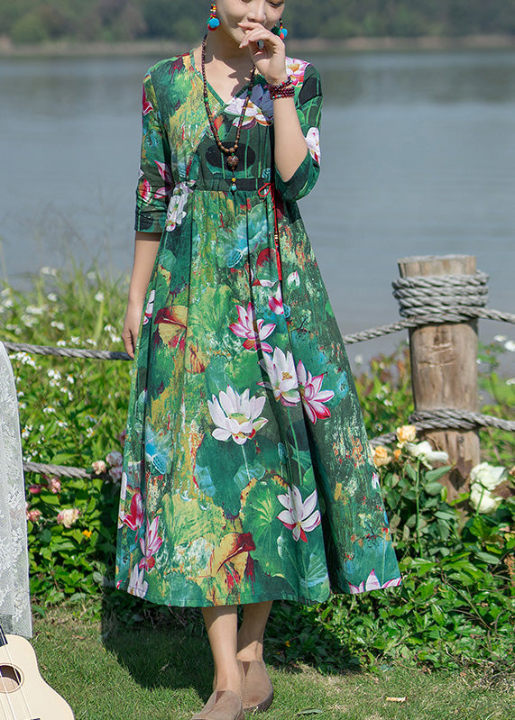Vintage Green V Neck Print Elastic Waist Maxi Dresses Spring LY1739 - fabuloryshop