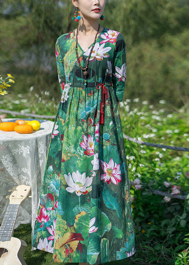 Vintage Green V Neck Print Elastic Waist Maxi Dresses Spring LY1739 - fabuloryshop