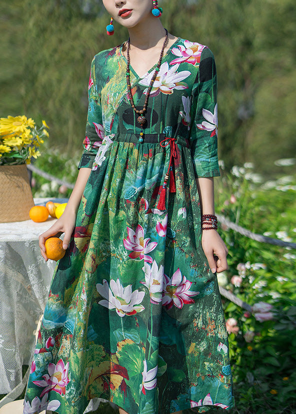 Vintage Green V Neck Print Elastic Waist Maxi Dresses Spring LY1739 - fabuloryshop