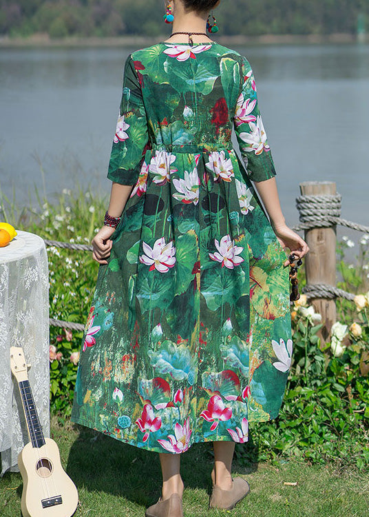 Vintage Green V Neck Print Elastic Waist Maxi Dresses Spring LY1739 - fabuloryshop