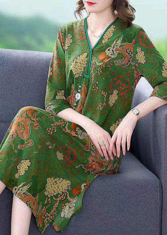 Vintage Green V Neck Print Patchwork Silk Mid Dress Summer LY5975 Ada Fashion