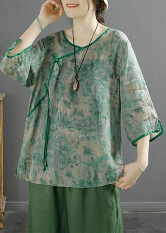 Vintage Green V Neck Tasseled Print Patchwork Linen Tops Summer LY2492