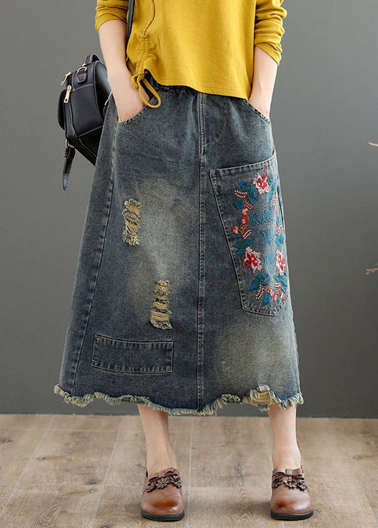 Vintage Grey Asymmetrical Embroideried Patchwork High Waist Denim Maxi Skirts Summer LY5205 - fabuloryshop