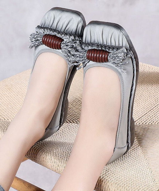 Vintage Grey Cowhide Leather Flat Shoes Splicing Flat Shoes LY0155 - fabuloryshop