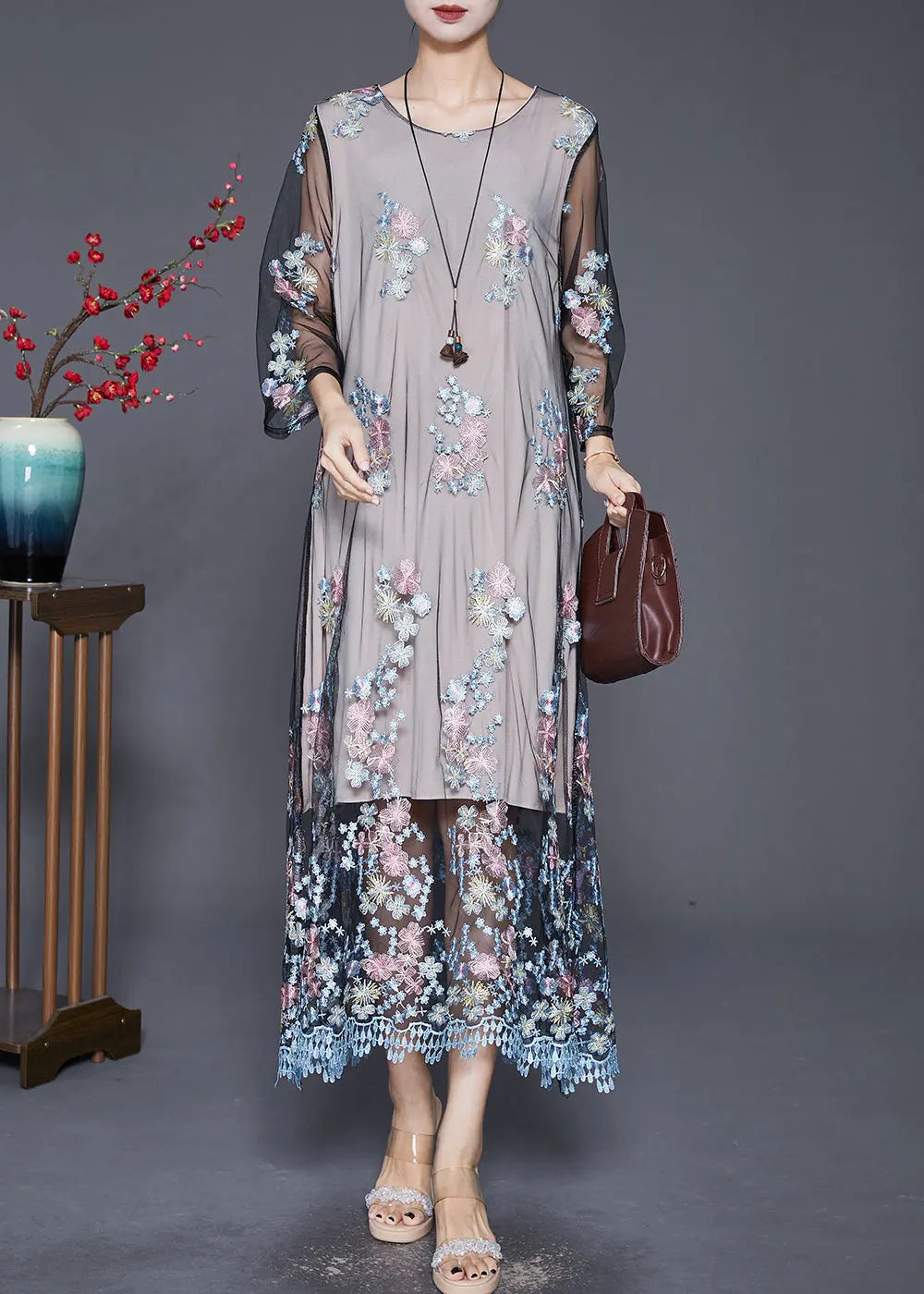 Vintage Grey Embroideried Hollow Out Tulle Maxi Dresses Fall Ada Fashion