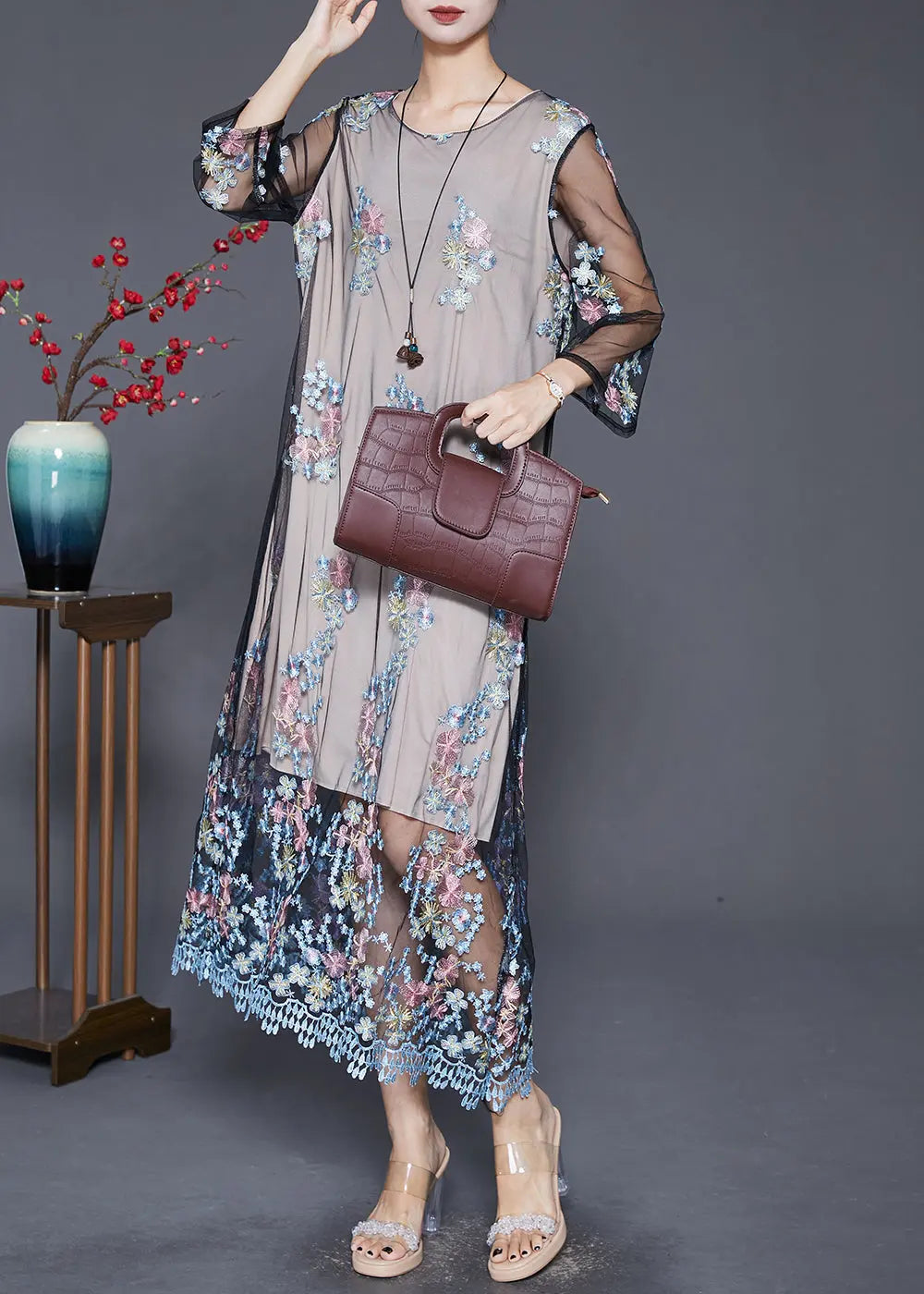 Vintage Grey Embroideried Hollow Out Tulle Maxi Dresses Fall Ada Fashion