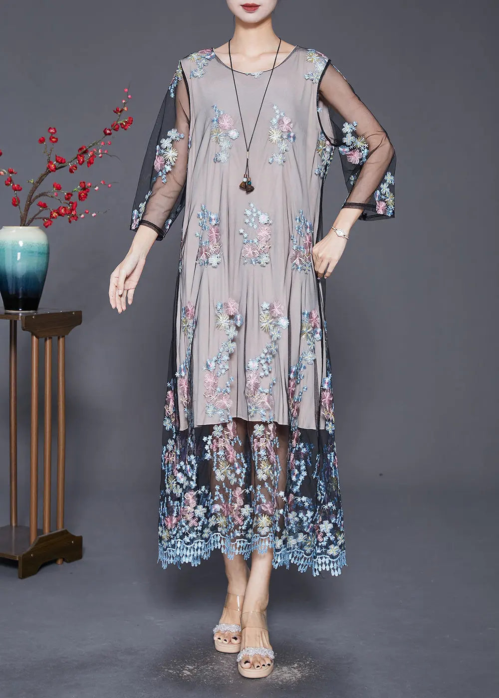 Vintage Grey Embroideried Hollow Out Tulle Maxi Dresses Fall Ada Fashion