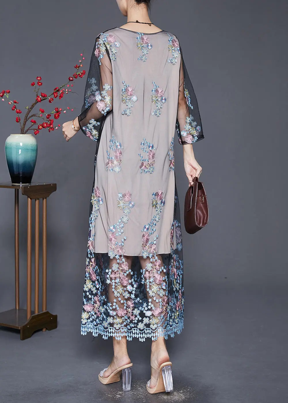 Vintage Grey Embroideried Hollow Out Tulle Maxi Dresses Fall Ada Fashion