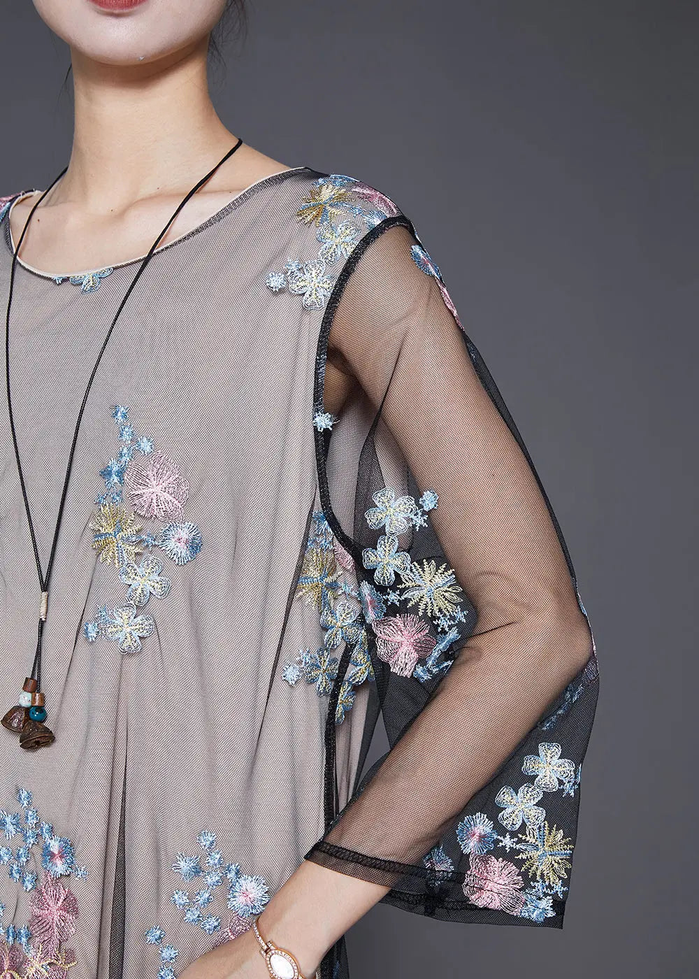 Vintage Grey Embroideried Hollow Out Tulle Maxi Dresses Fall Ada Fashion