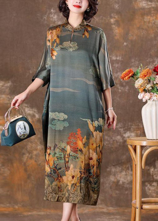 Vintage Grey Mandarin Collar Print Silk Long Dress Caftan Half Sleeve LY1708 - fabuloryshop