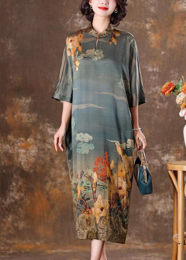 Vintage Grey Mandarin Collar Print Silk Long Dress Caftan Half Sleeve LY1708 - fabuloryshop
