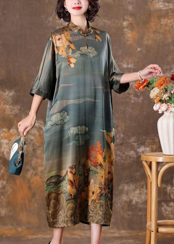 Vintage Grey Mandarin Collar Print Silk Long Dress Caftan Half Sleeve LY1708 - fabuloryshop