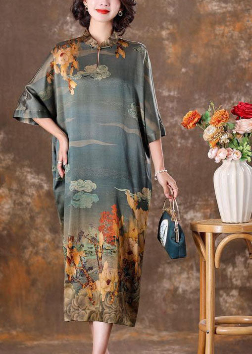 Vintage Grey Mandarin Collar Print Silk Long Dress Caftan Half Sleeve LY1708 - fabuloryshop