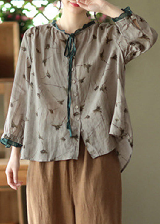 Vintage Grey Neck Tie Print Ramie Tops Long Sleeve LY5073 - fabuloryshop