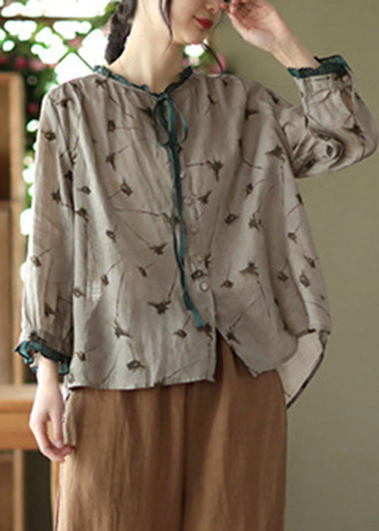 Vintage Grey Neck Tie Print Ramie Tops Long Sleeve LY5073 - fabuloryshop