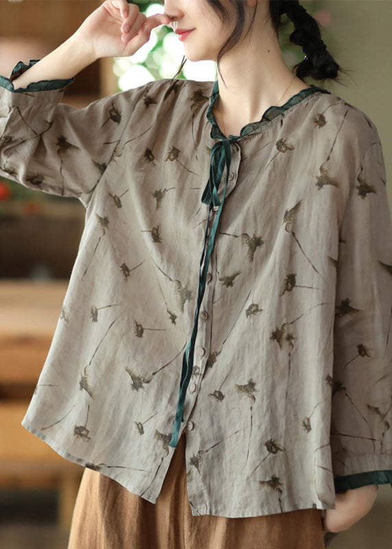 Vintage Grey Neck Tie Print Ramie Tops Long Sleeve LY5073 - fabuloryshop