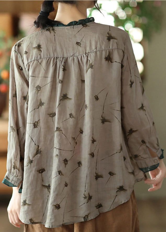 Vintage Grey Neck Tie Print Ramie Tops Long Sleeve LY5073 - fabuloryshop